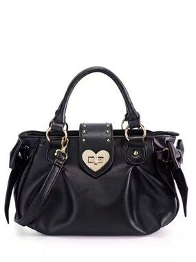 Y2K Coquette Black Studded Satchel Bag - Faux Leather Heart Lock Bowler Shoulder